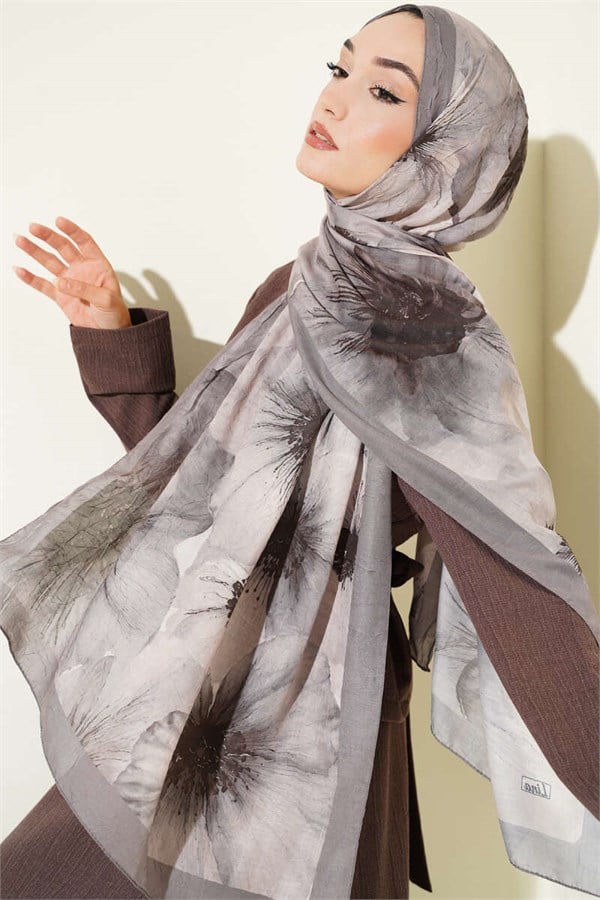 Floral Pattern Detailed Bamboo Kash Shawl, Mink