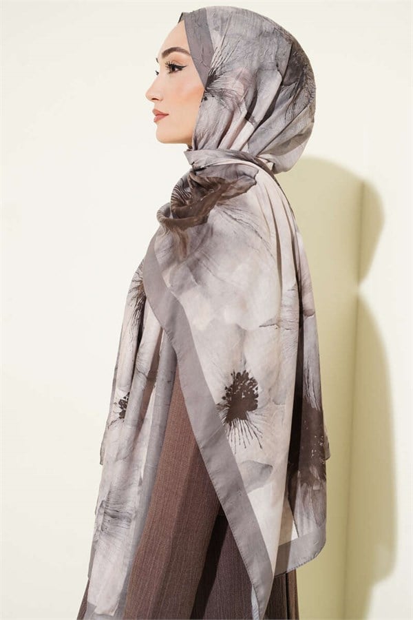Floral Pattern Detailed Bamboo Kash Shawl, Mink