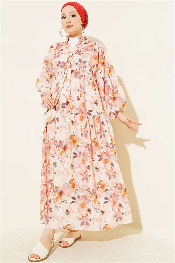 Floral Pattern Detail Half-Button Dress Beige