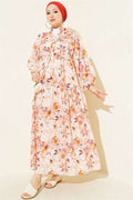 Floral Pattern Detail Half-Button Dress Beige