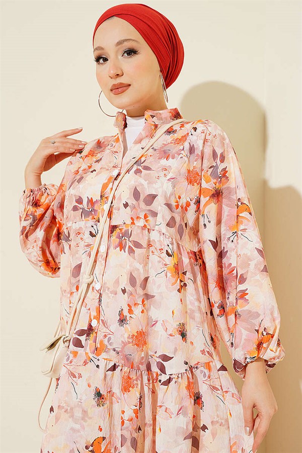 Floral Pattern Detail Half-Button Dress Beige