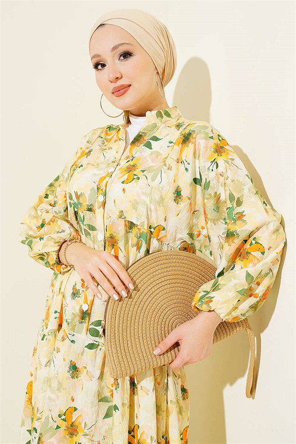 Yellow Half-Button Dress with Floral Pattern Detail