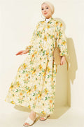 Yellow Half-Button Dress with Floral Pattern Detail