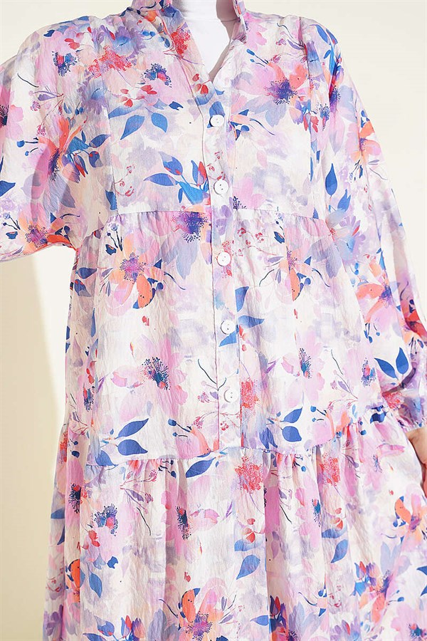 Floral Pattern Detail Half-Button Dress Lilac