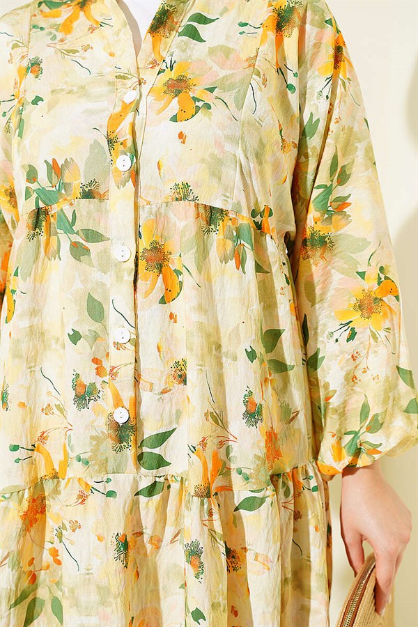 Yellow Half-Button Dress with Floral Pattern Detail