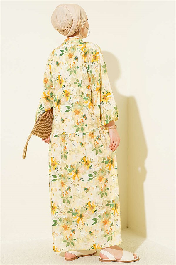 Yellow Half-Button Dress with Floral Pattern Detail