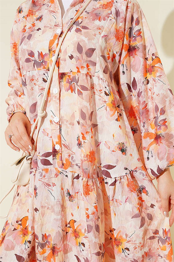 Floral Pattern Detail Half-Button Dress Beige