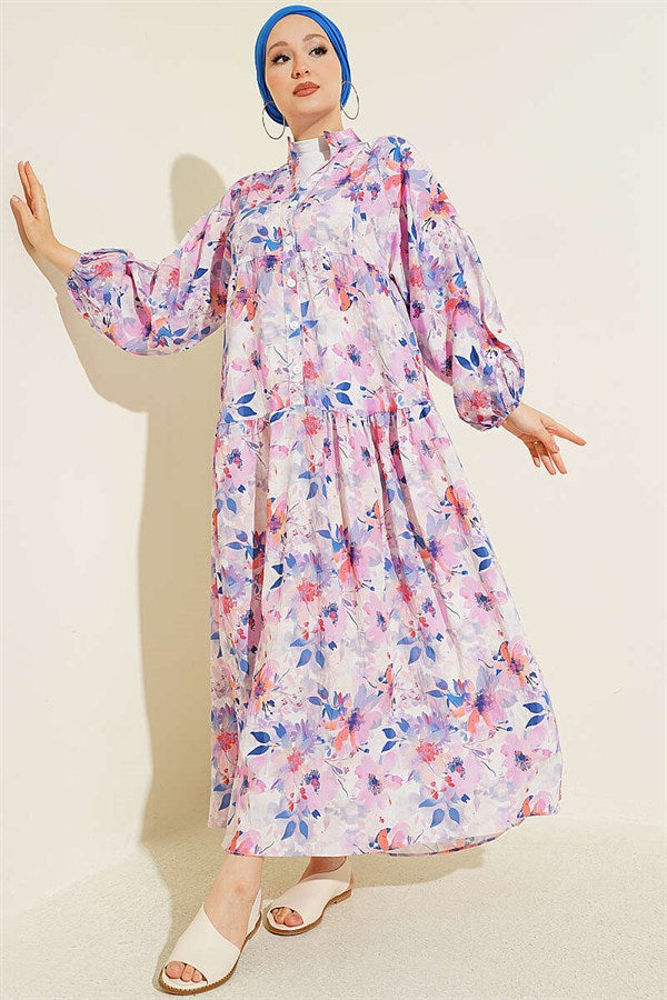 Floral Pattern Detail Half-Button Dress Lilac