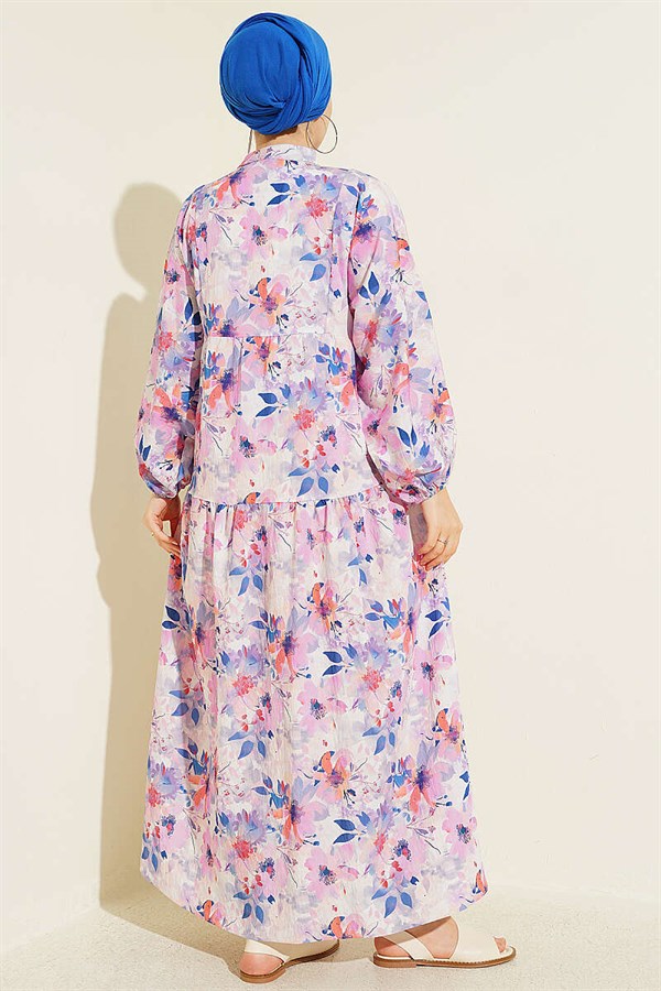 Floral Pattern Detail Half-Button Dress Lilac
