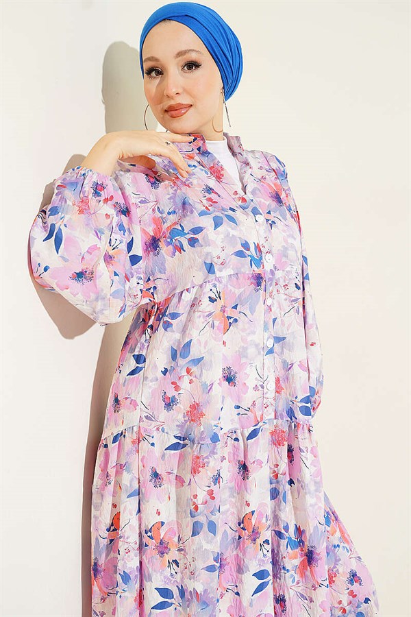 Floral Pattern Detail Half-Button Dress Lilac
