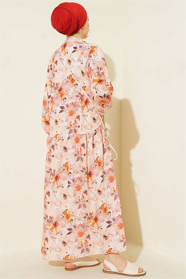 Floral Pattern Detail Half-Button Dress Beige