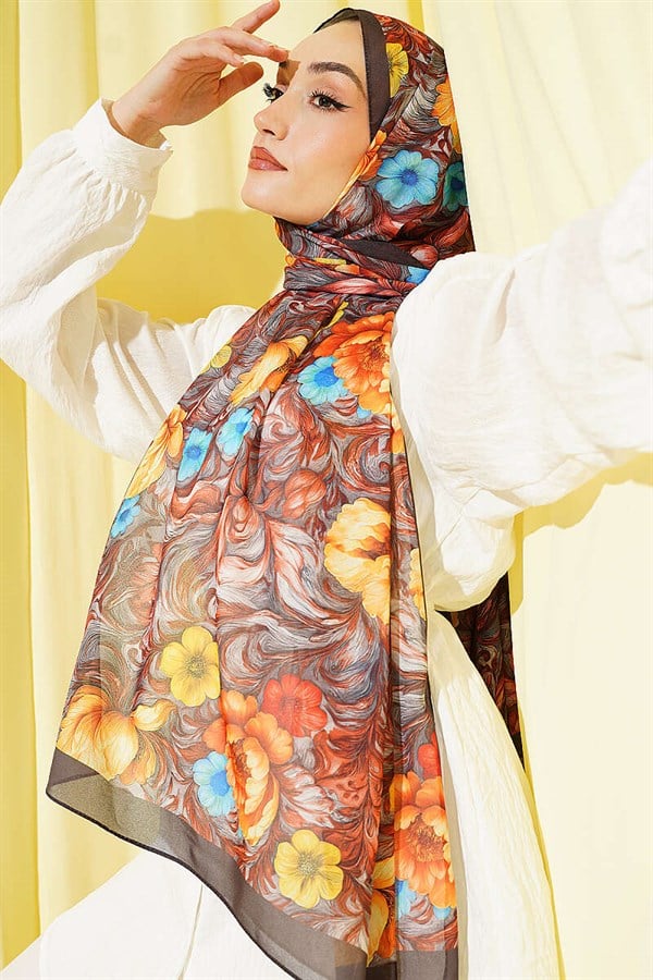 Floral Pattern French Silk Scarf Dark Brown