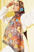 Floral Pattern French Silk Scarf Dark Brown