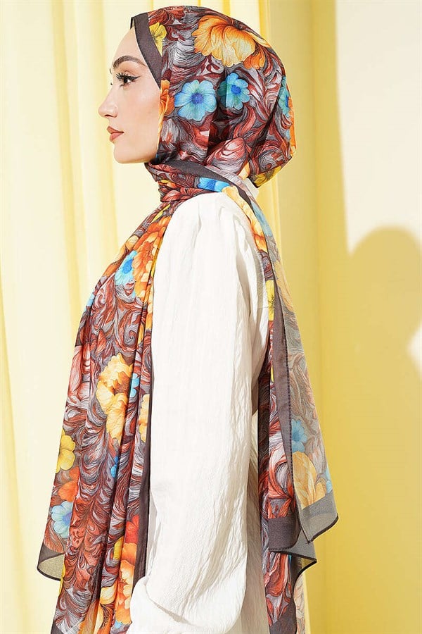 Floral Pattern French Silk Scarf Dark Brown