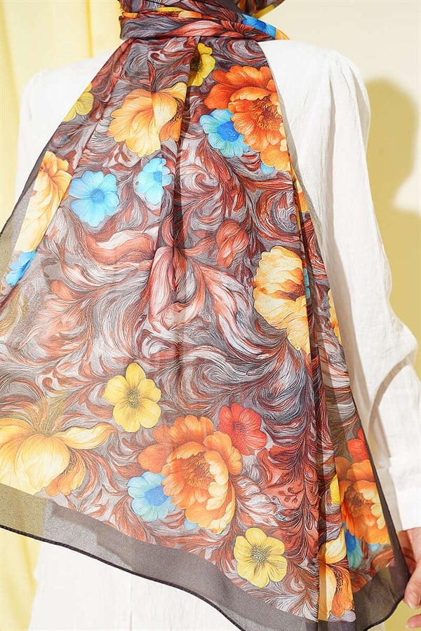 Floral Pattern French Silk Scarf Dark Brown