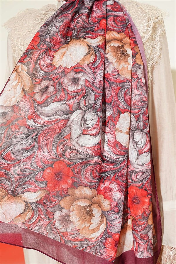 Floral Pattern French Silk Scarf, Burgundy