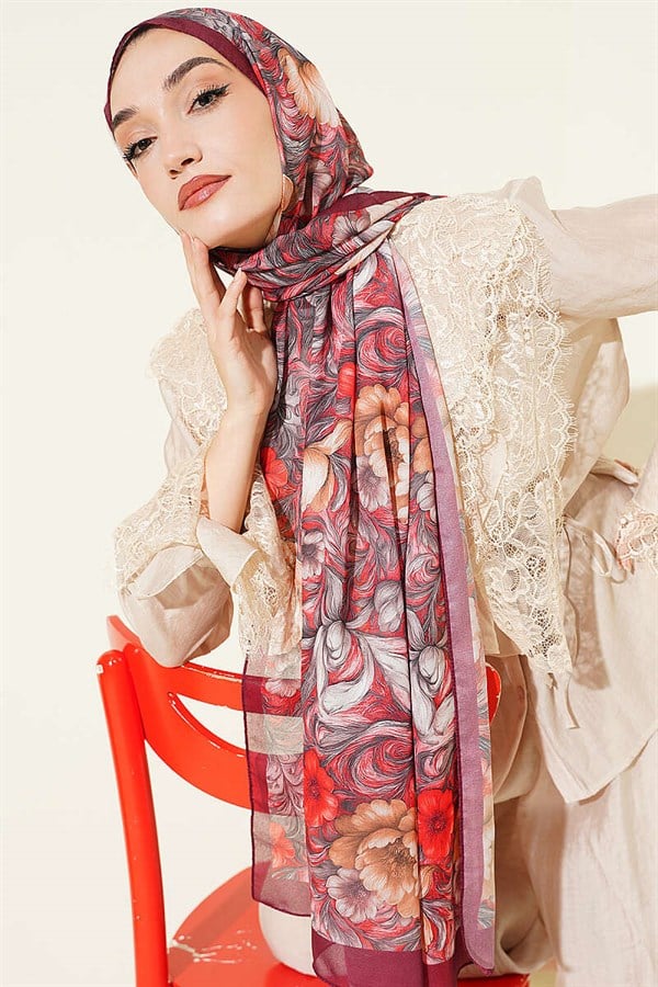 Floral Pattern French Silk Scarf, Burgundy