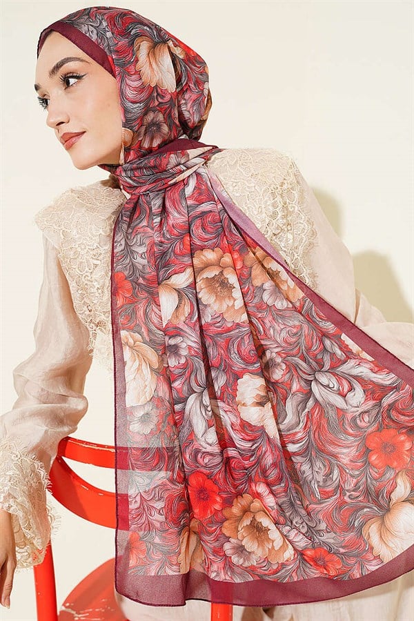 Floral Pattern French Silk Scarf, Burgundy