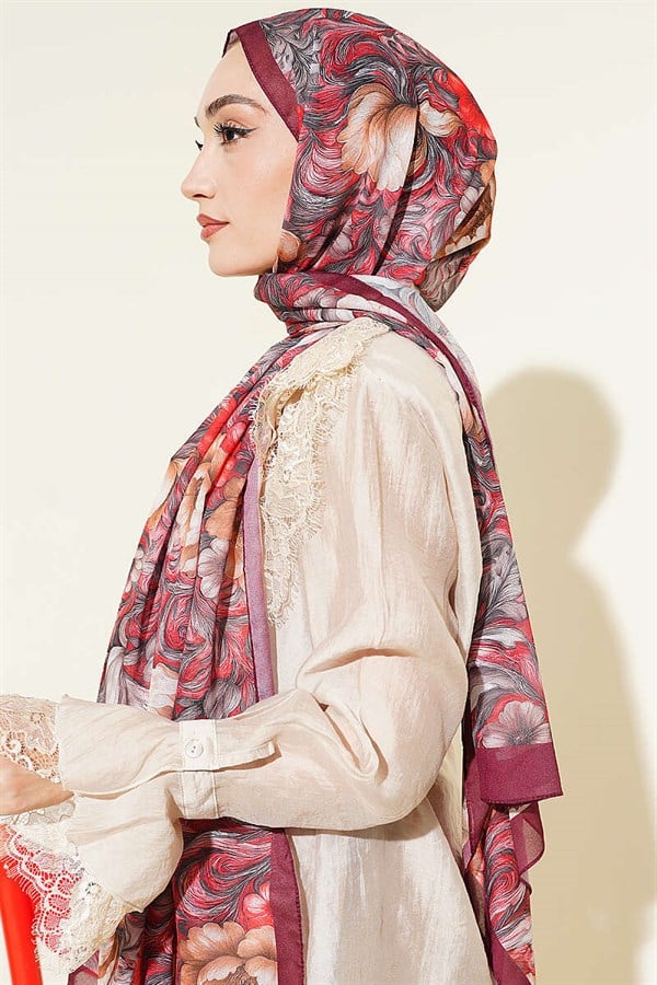 Floral Pattern French Silk Scarf, Burgundy