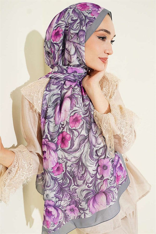 Floral Pattern French Silk Shawl, Smoke Grey