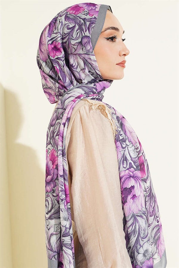 Floral Pattern French Silk Shawl, Smoke Grey