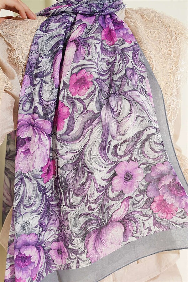 Floral Pattern French Silk Shawl, Smoke Grey