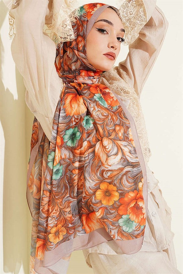 Floral Pattern French Silk Shawl Sand Beige