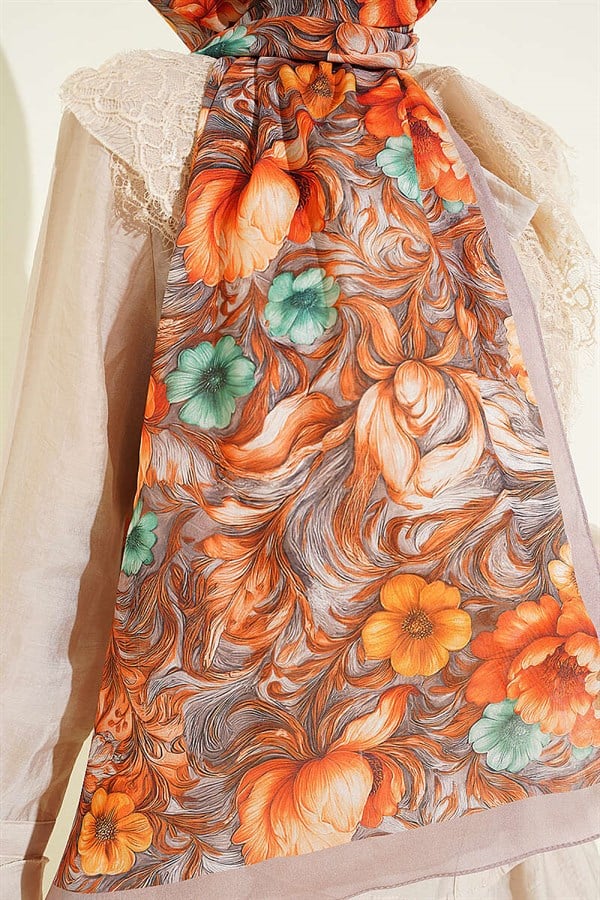 Floral Pattern French Silk Shawl Sand Beige