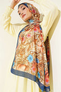 Floral Pattern French Silk Scarf Navy Blue