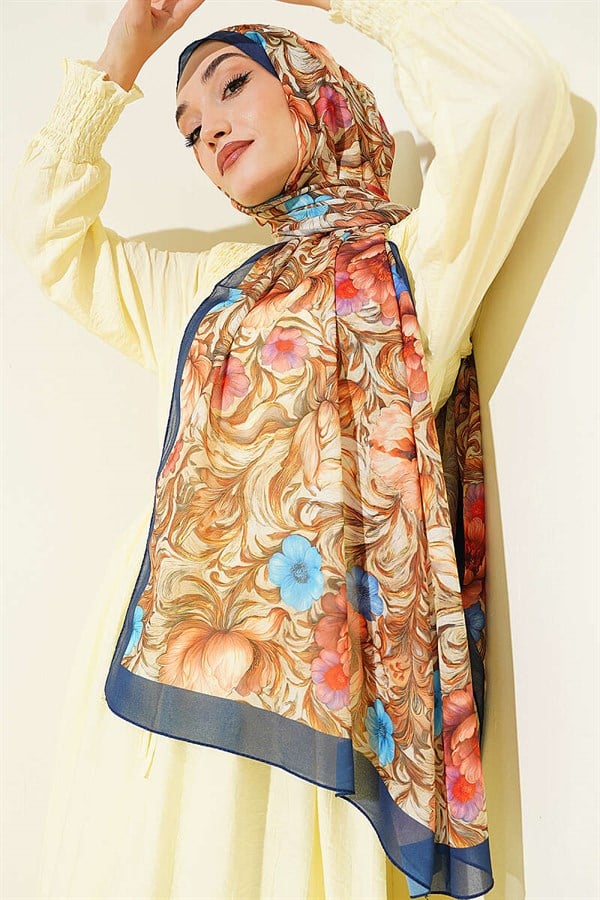 Floral Pattern French Silk Scarf Navy Blue