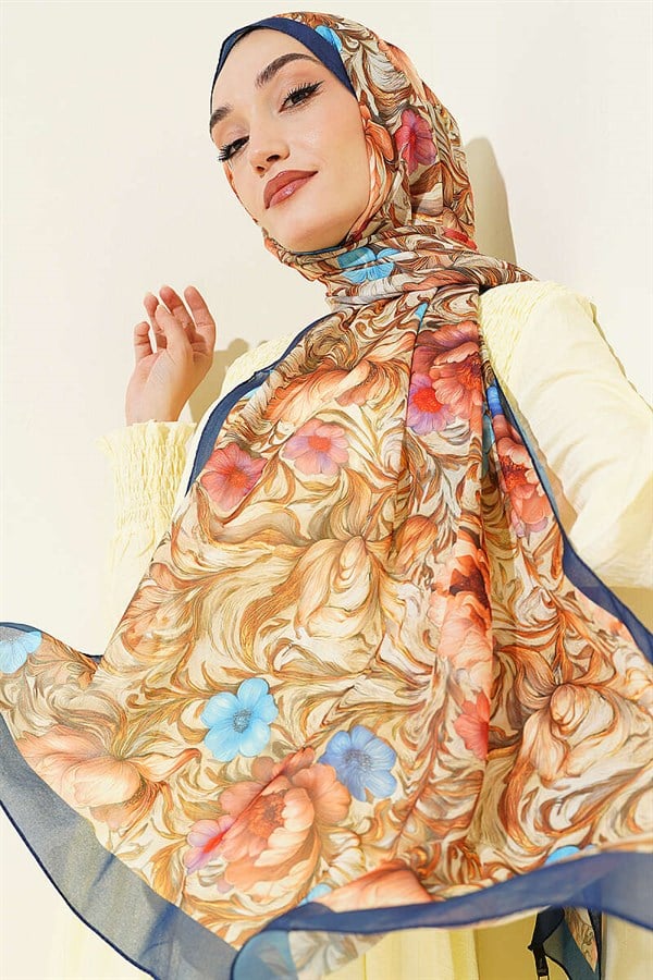 Floral Pattern French Silk Scarf Navy Blue
