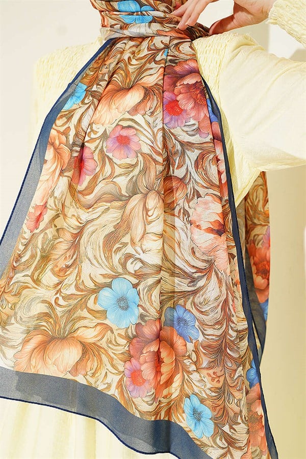 Floral Pattern French Silk Scarf Navy Blue