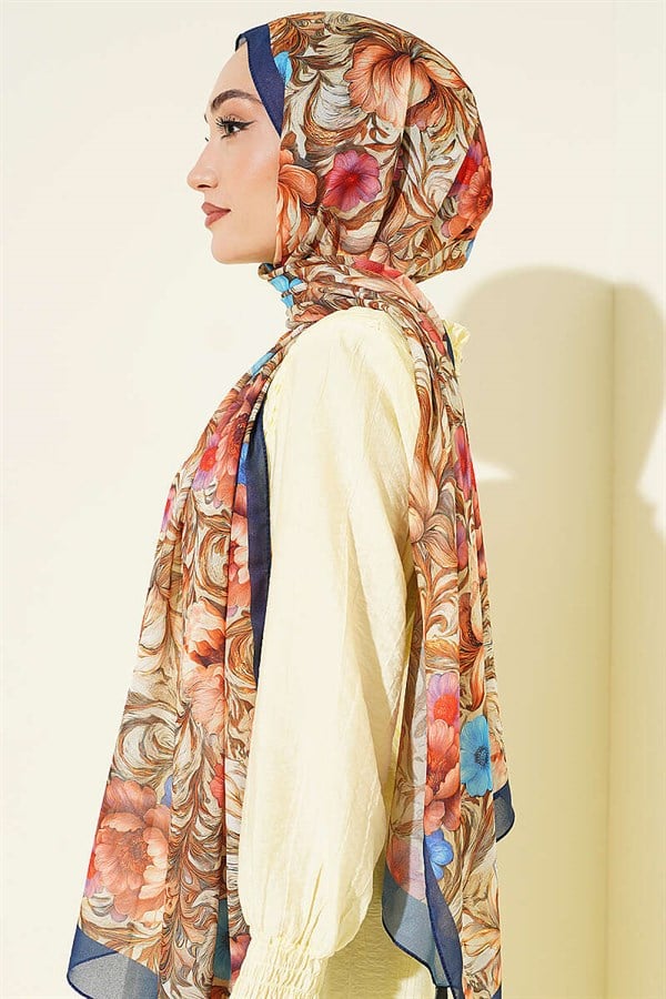 Floral Pattern French Silk Scarf Navy Blue