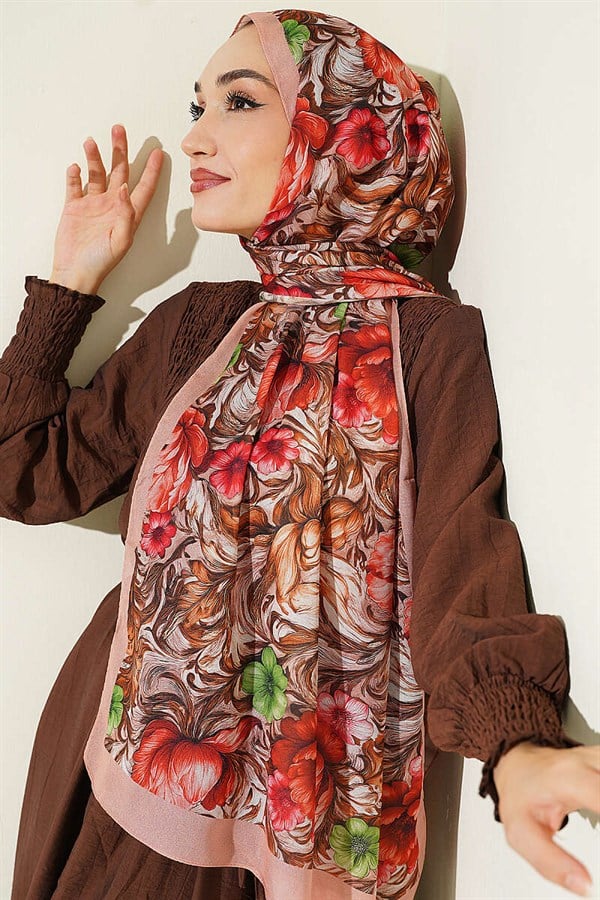 Floral Pattern French Silk Shawl Latte