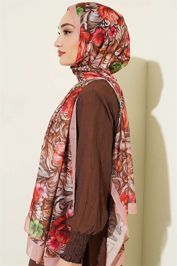 Floral Pattern French Silk Shawl Latte