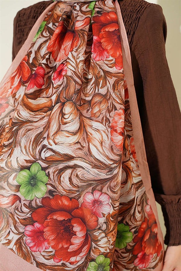 Floral Pattern French Silk Shawl Latte