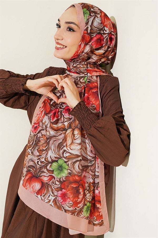 Floral Pattern French Silk Shawl Latte
