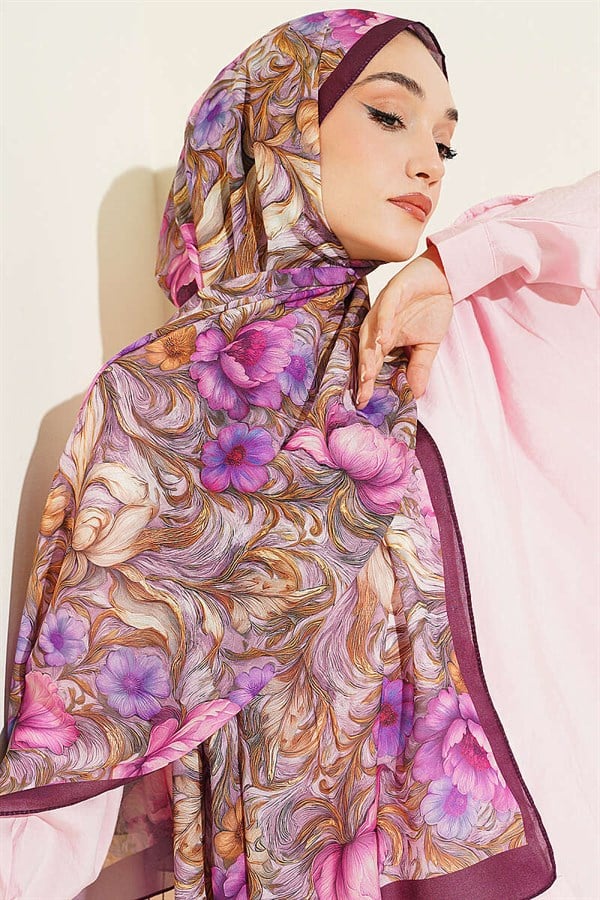 Floral Pattern French Silk Shawl, Plum