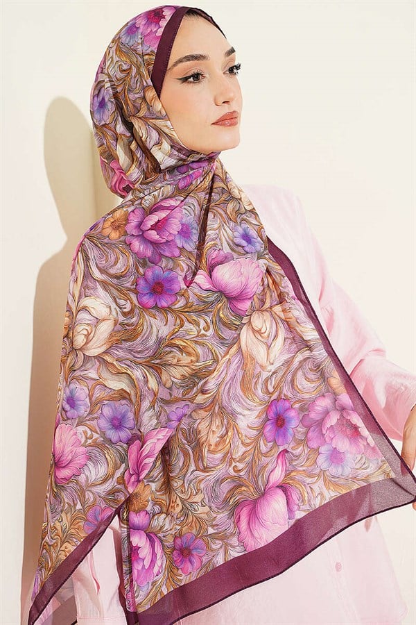 Floral Pattern French Silk Shawl, Plum