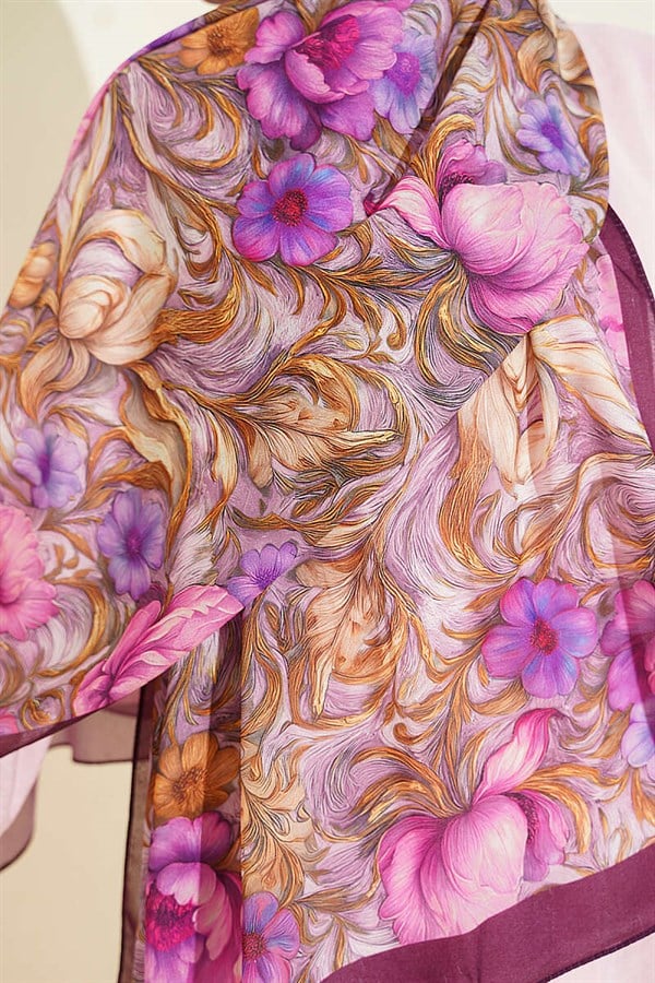 Floral Pattern French Silk Shawl, Plum