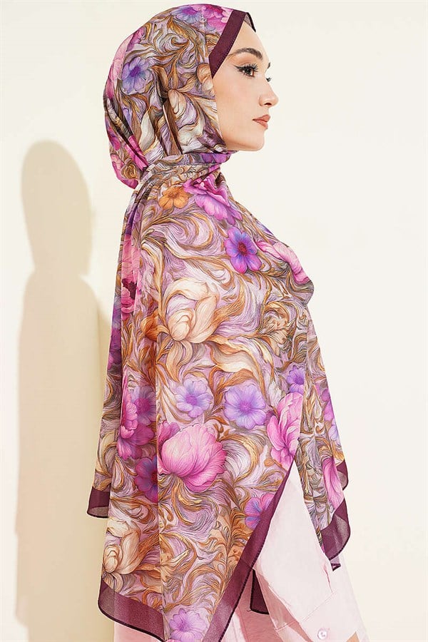 Floral Pattern French Silk Shawl, Plum