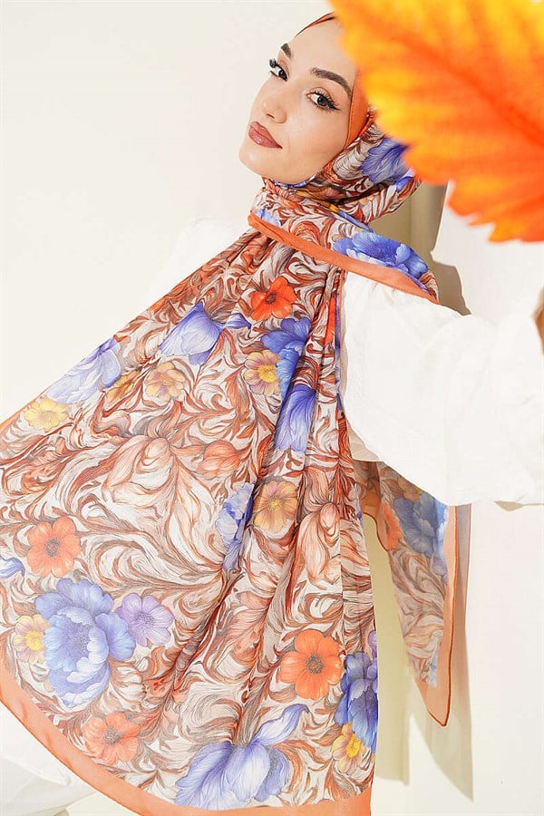 Floral Pattern French Silk Shawl Orange