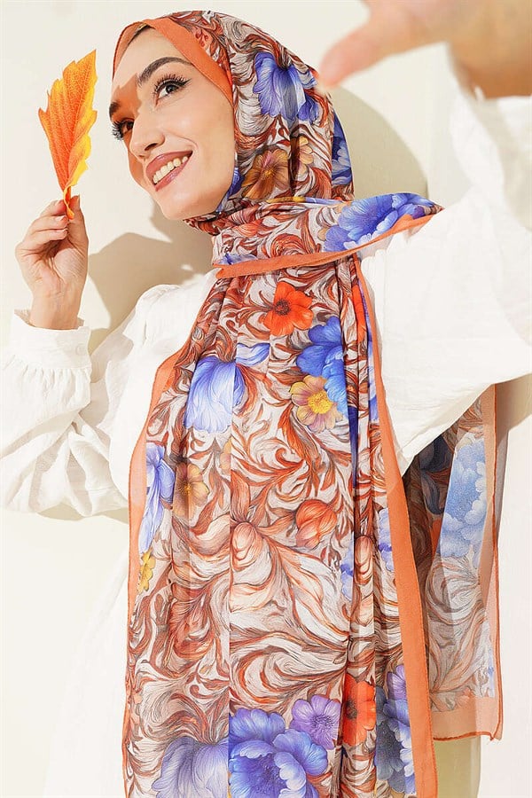 Floral Pattern French Silk Shawl Orange