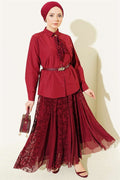 Floral Patterned Tulle Skirt 2 Piece Set in Burgundy