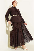 Floral Patterned Tulle Skirt 2 Piece Set in Coffee Color with Scarf