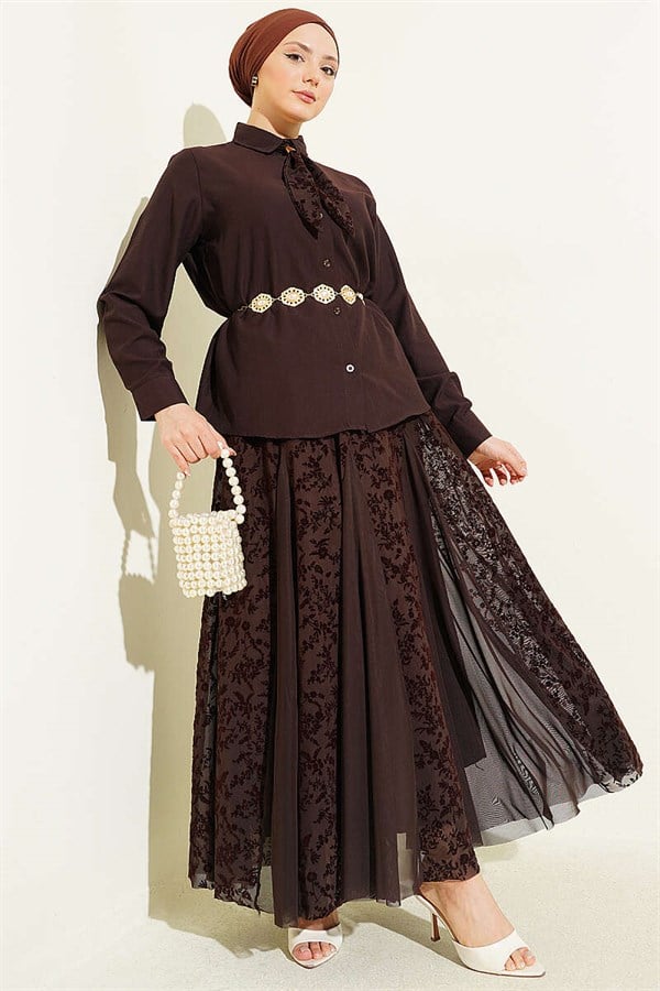 Floral Patterned Tulle Skirt 2 Piece Set in Coffee Color with Scarf