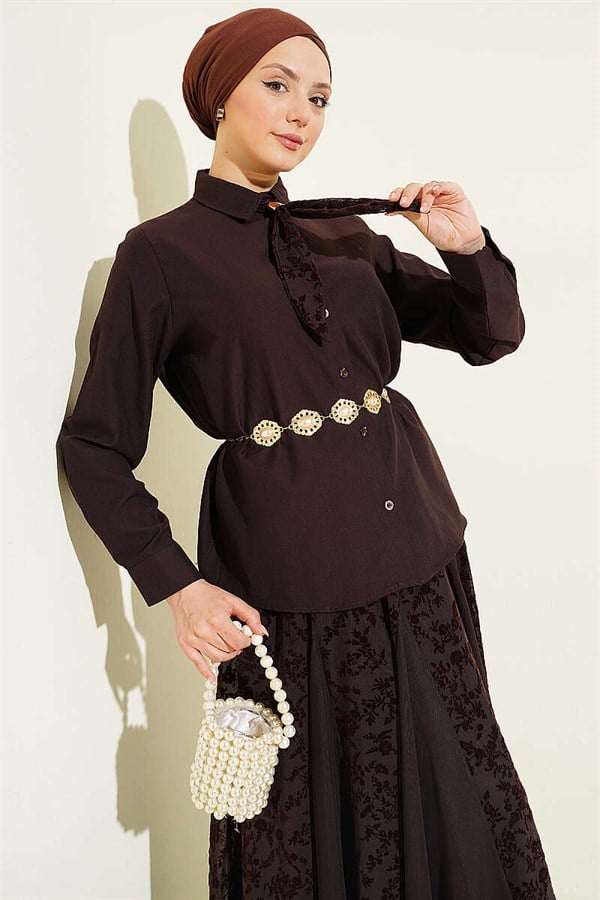 Floral Patterned Tulle Skirt 2 Piece Set in Coffee Color with Scarf
