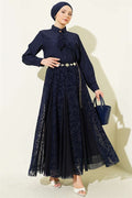 Navy Blue Floral Patterned Tulle Skirt 2 Piece Set with Scarf
