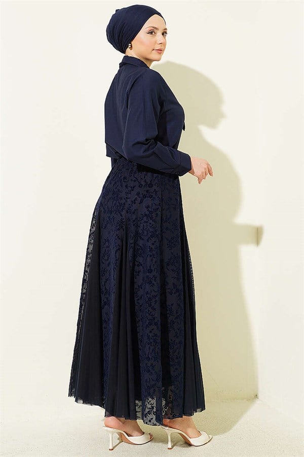 Navy Blue Floral Patterned Tulle Skirt 2 Piece Set with Scarf