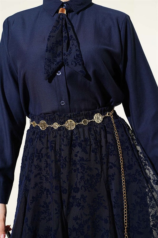 Navy Blue Floral Patterned Tulle Skirt 2 Piece Set with Scarf